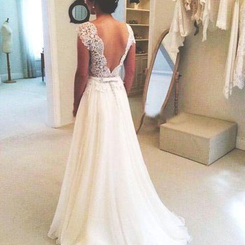 A-line Round Neckline Chiffon Lace Long Wedding Dresses, Wedding Gown