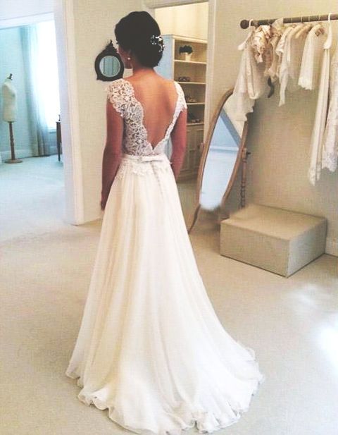 A-line Round Neckline Chiffon Lace Long Wedding Dresses, Wedding Gown
